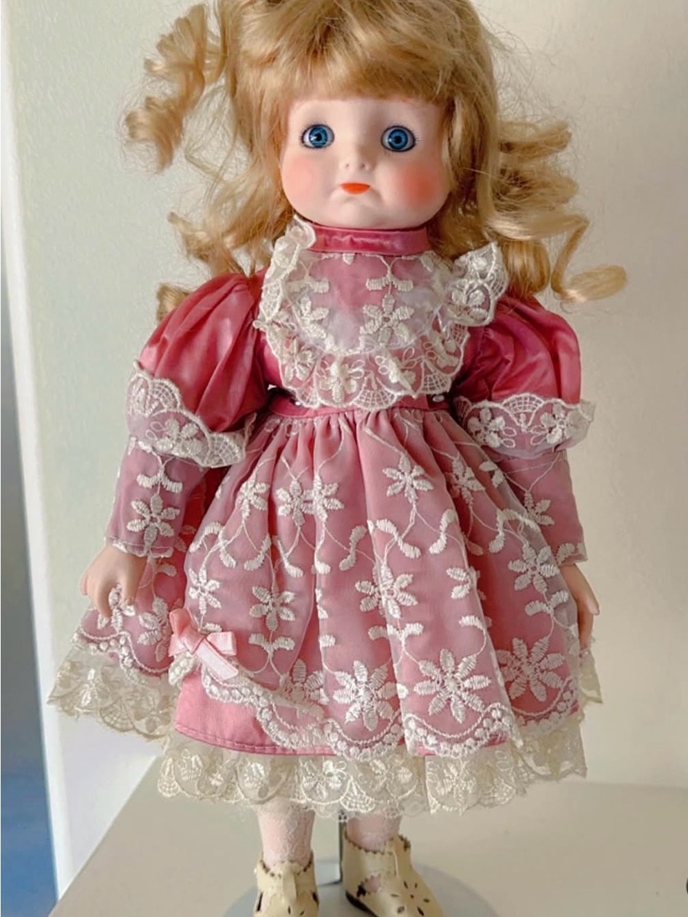 Vintage-Style Pink Lace Dress Porcelain Doll for Kids